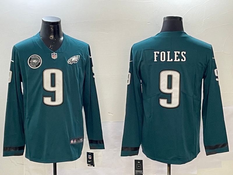 Men Philadelphia Eagles 9 Foles green long sleeve 2025 Nike NFL jersey style 01